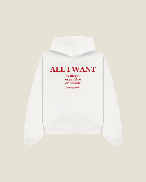 All I Want Is Illegal Expensive Or Blonde Hoodie in white, back print
