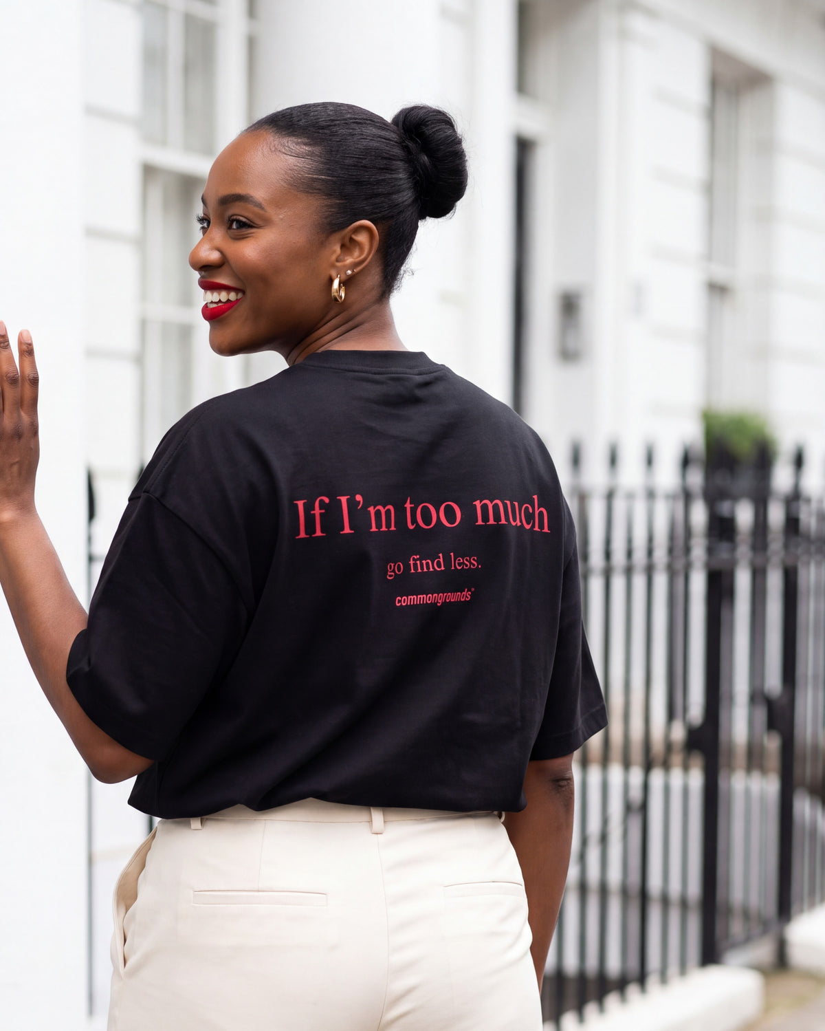 IF I'M TOO MUCH GO FIND LESS Tee in black, worn