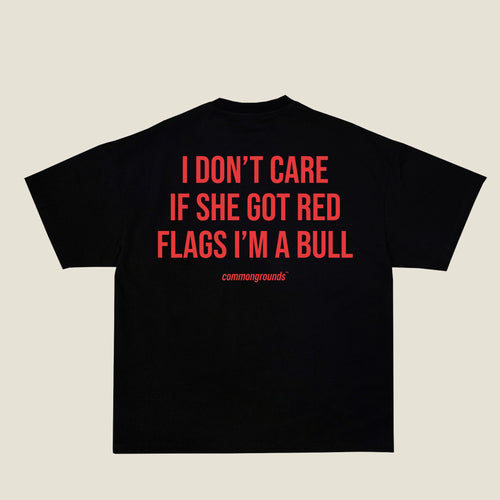 I DON'T CARE IF SHE GOT RED FLAGS I'M A BULL Tee in black, back print