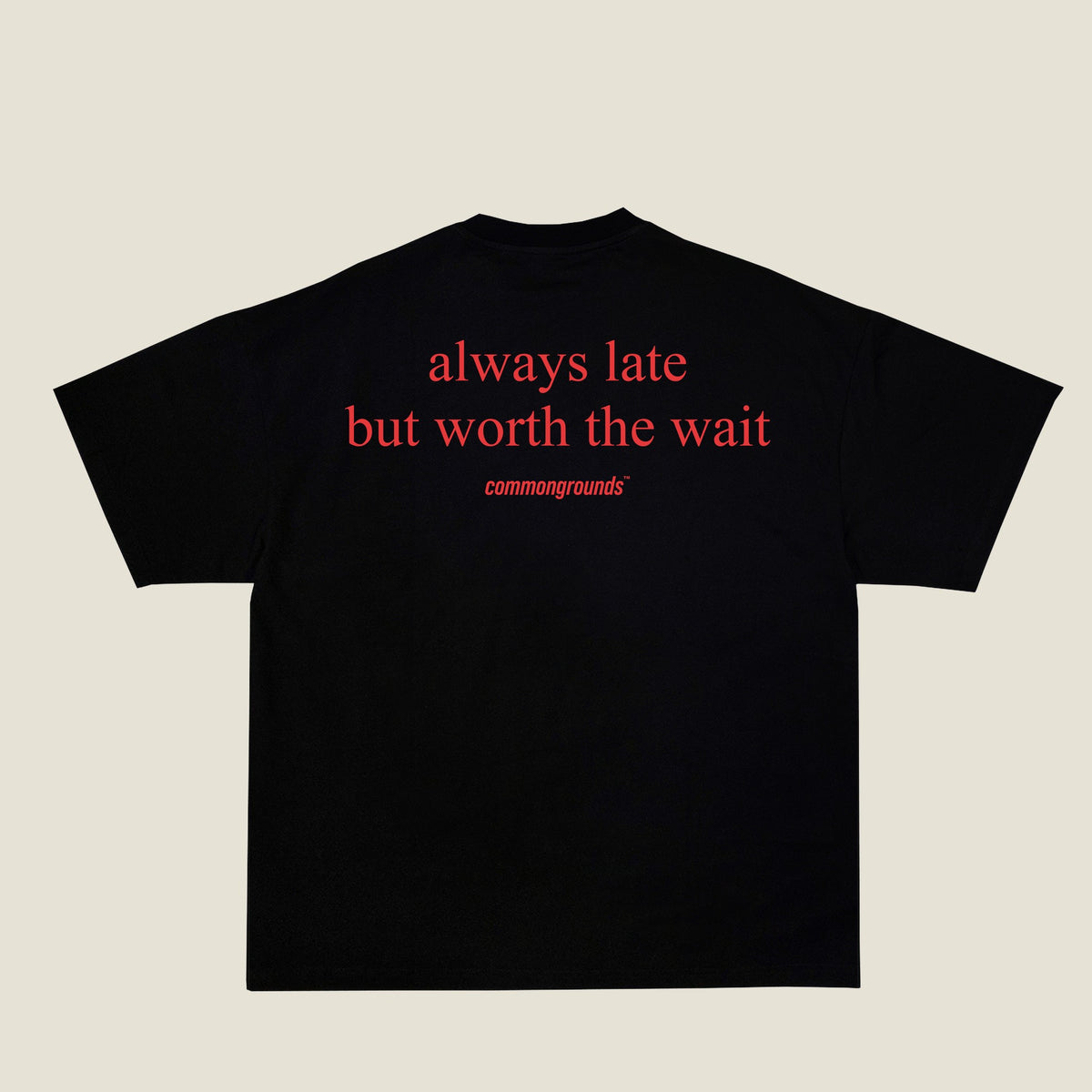 ALWAYS LATE BUT WORTH THE WAIT Tee in black, back print