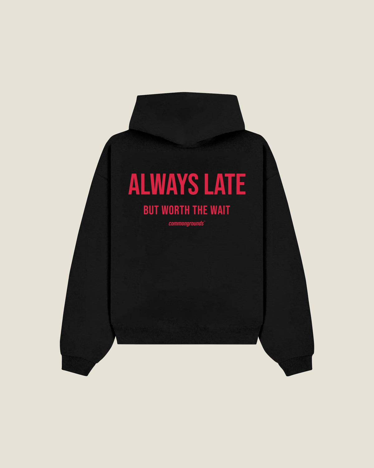 Always Late But Worth The Wait Hoodie in black, back print