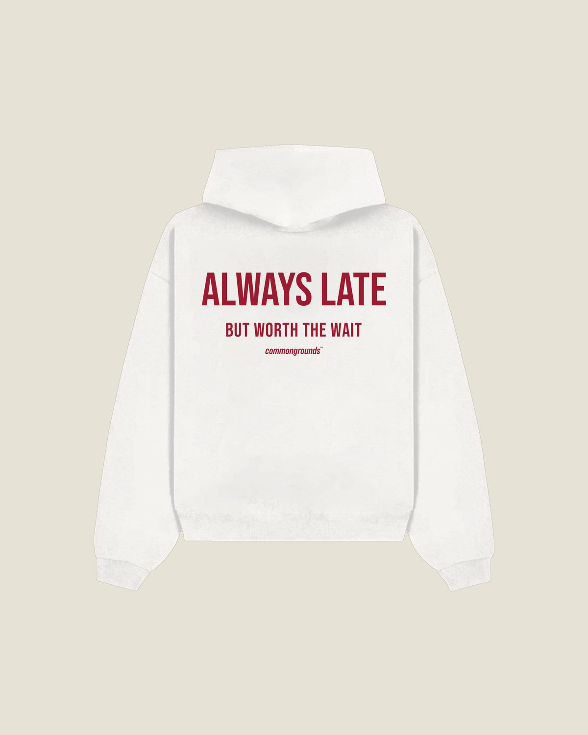 Always Late But Worth The Wait Hoodie in white, back print