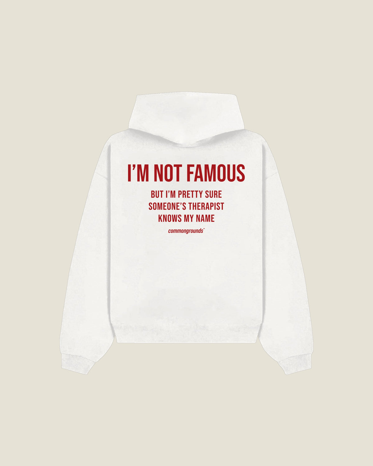 I'M NOT FAMOUS BUT I'M PRETTY SURE SOMEONE'S THERAPIST KNOWS MY NAME Hoodie in white, back print