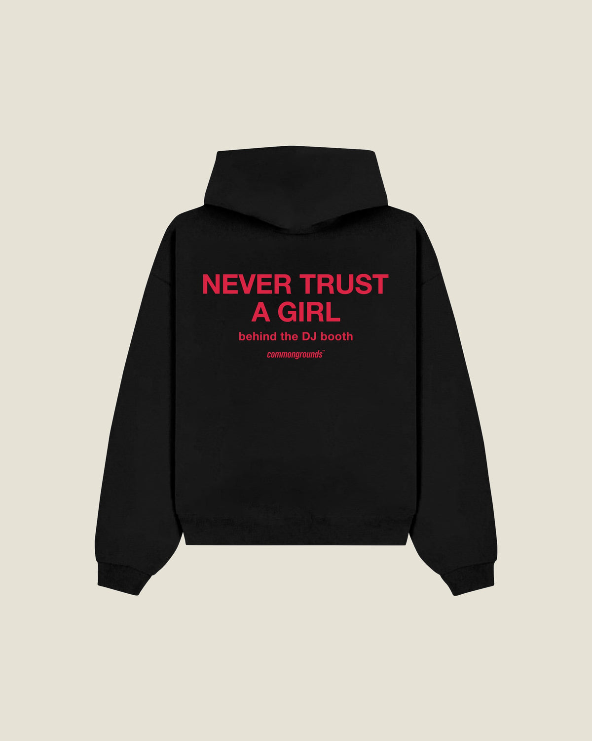 Never Trust A Girl Behind The Dj Booth Hoodie in black, back print