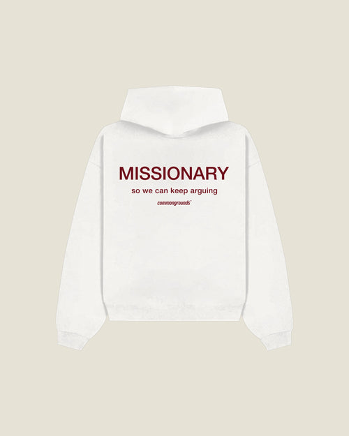 Missionary So We Can Keep Arguing Hoodie in white, back print