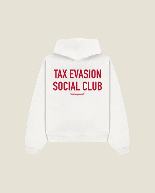 Tax Evasion Social Club Hoodie in white, back print