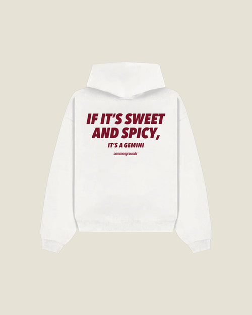 If It's Sweet And Spicy, It's A Gemini Hoodie in white, back print
