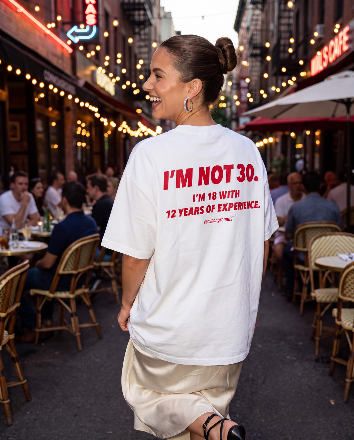 I'M NOT 30. I'M 18 WITH 12 YEARS OF EXPERIENCE Tee in white, worn