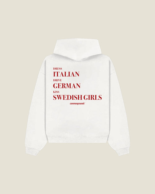 Dress Italian Drive German Kiss Swedish Girls Hoodie in white, back print