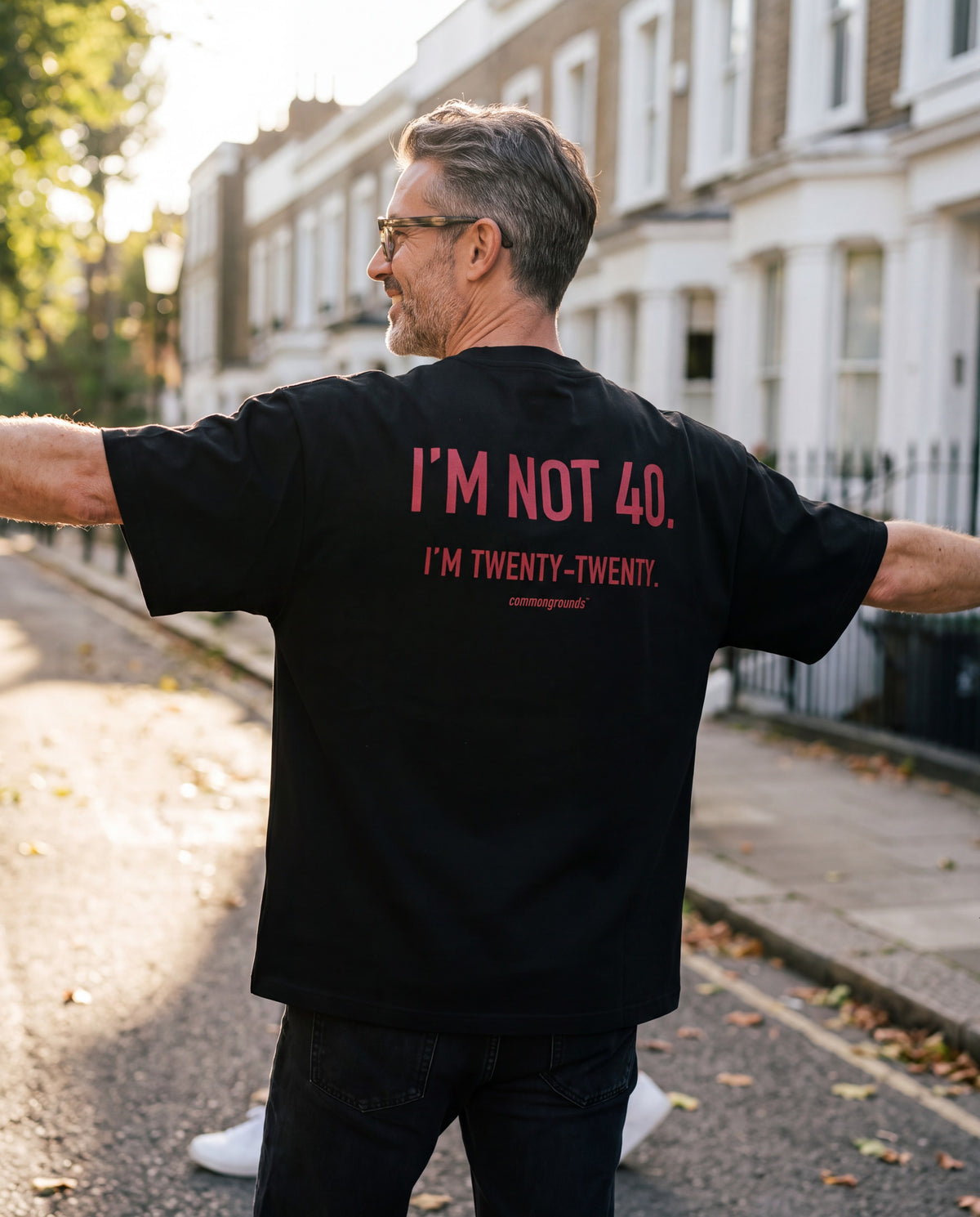 I'M NOT 40. I'M TWENTY-TWENTY Tee in black, worn