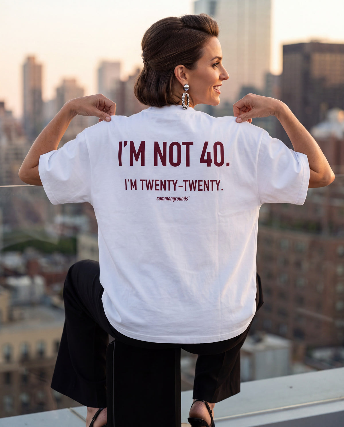 I'M NOT 40. I'M TWENTY-TWENTY Tee in white, worn