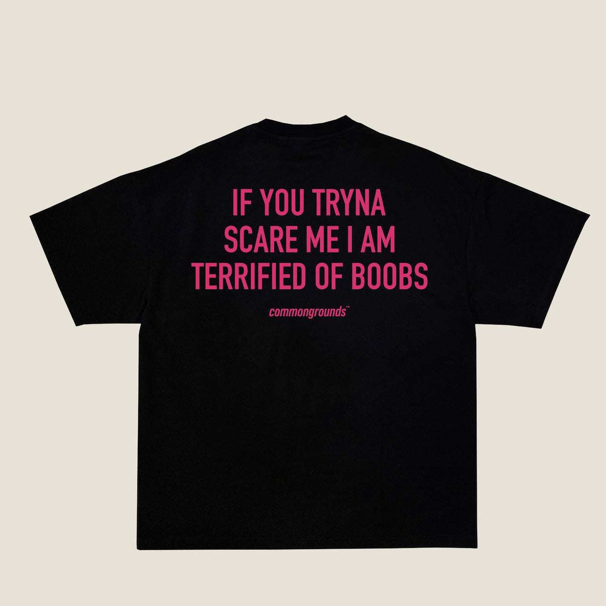 IF YOU TRYNA SCARE ME I AM TERRIFIED OF BOOBS Tee in black, back print