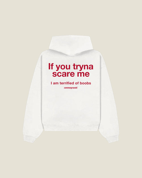 If You Tryna Scare Me I Am Terrified Of Boobs Hoodie in white, back print