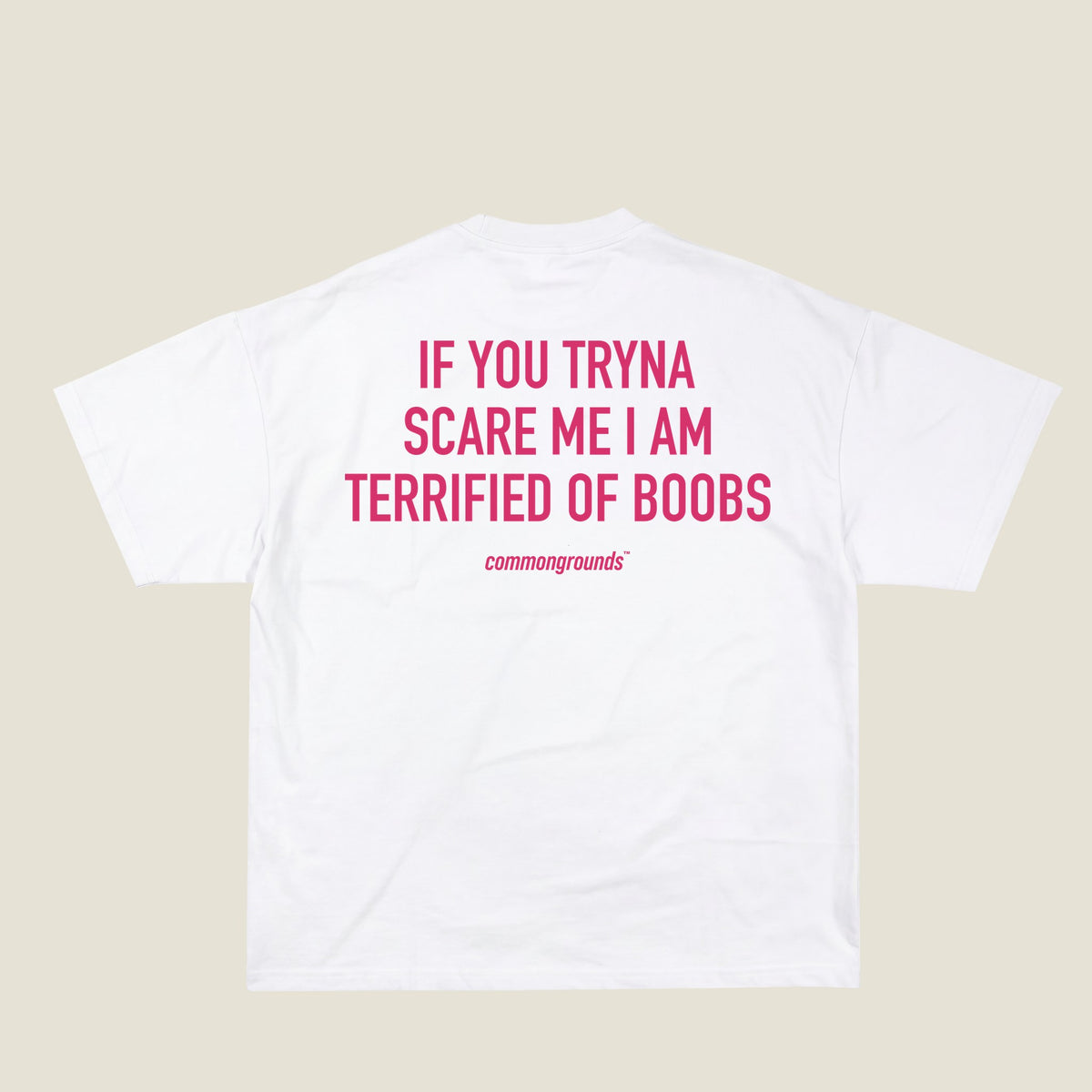 IF YOU TRYNA SCARE ME I AM TERRIFIED OF BOOBS Tee in white, back print