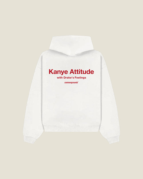 Kanye Attitude With Drake's Feelings Hoodie in white, back print
