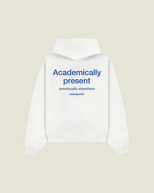 Academically Present Emotionally Elsewhere Hoodie in white, back print