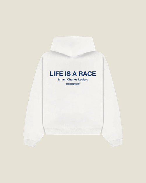 Life Is A Race & I Am Charles Leclerc Hoodie in white, back print