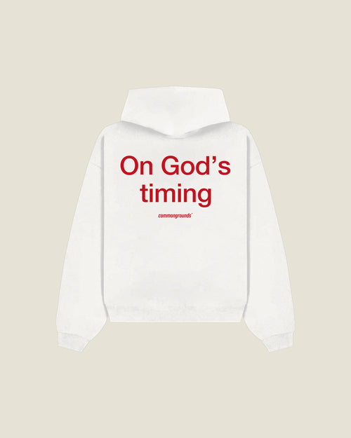 On God's Timing Hoodie in white, back print