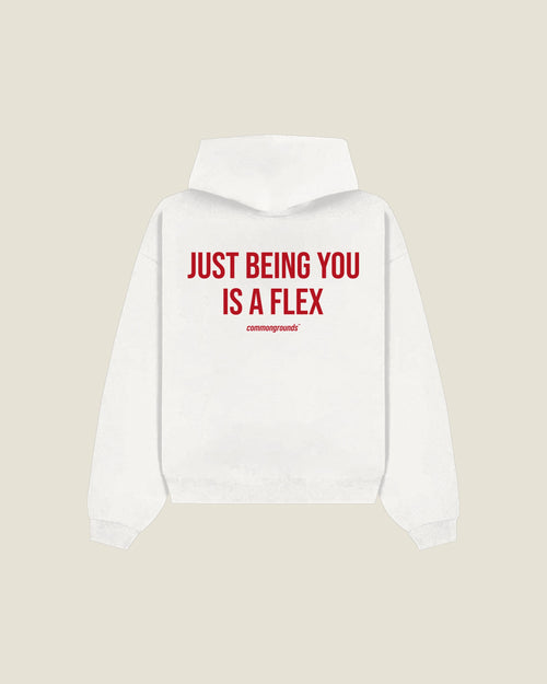 Just Being You Is A Flex Hoodie in white, back print