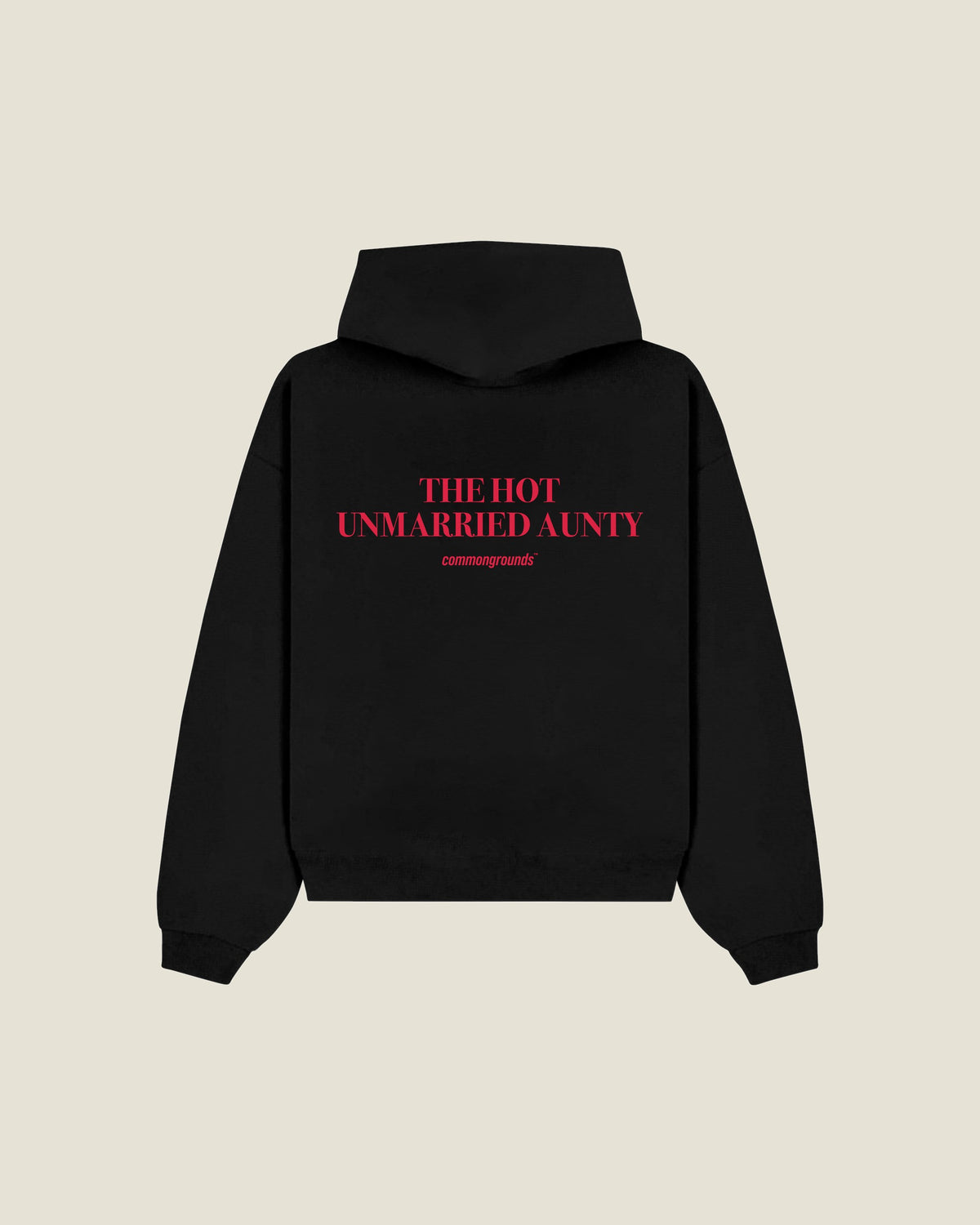 The Hot Unmarried Aunty Hoodie in black, back print