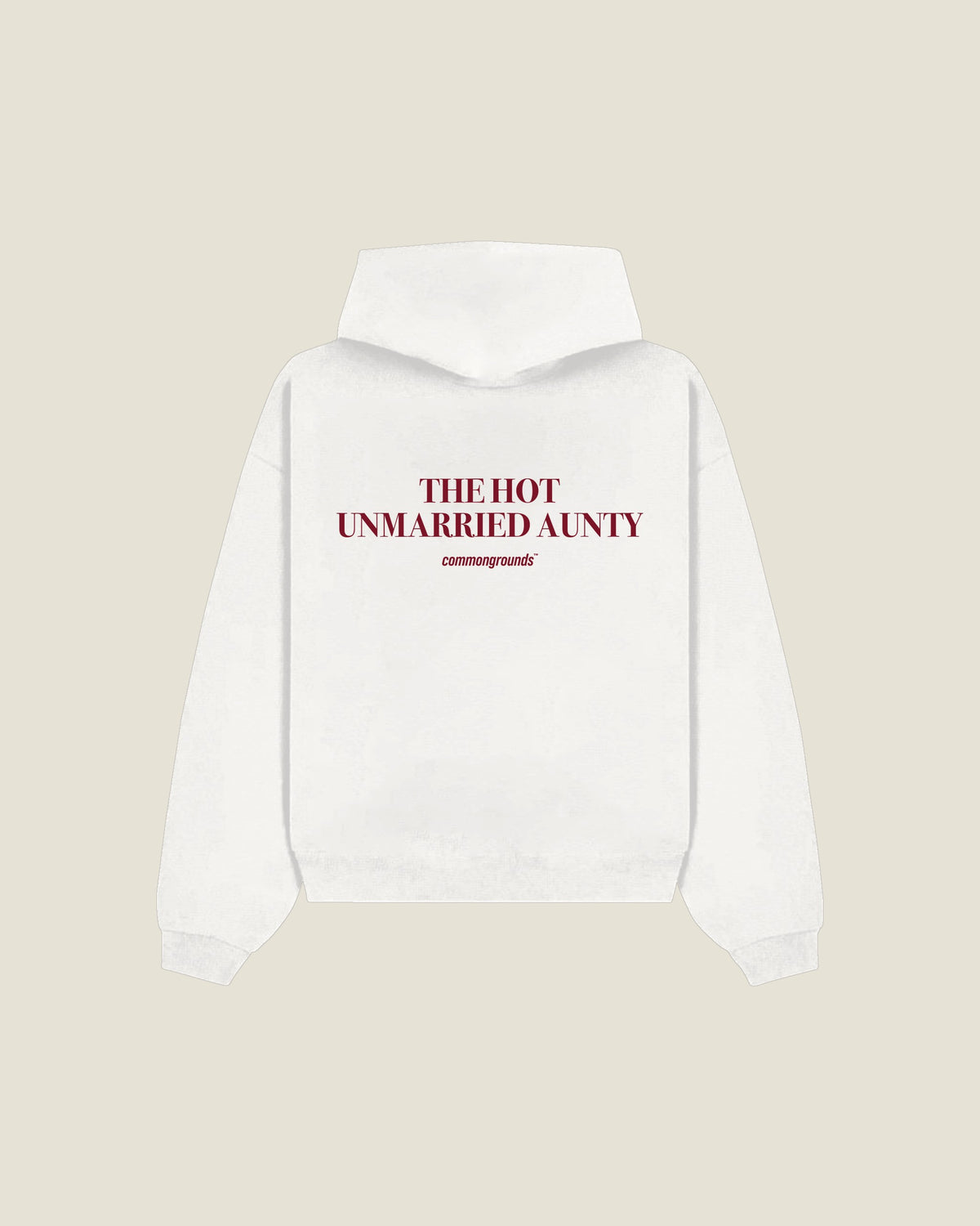 The Hot Unmarried Aunty Hoodie in white, back print