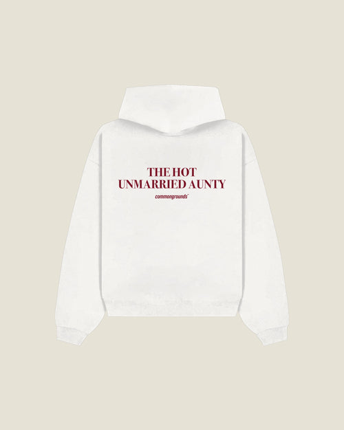 The Hot Unmarried Aunty Hoodie in white, back print