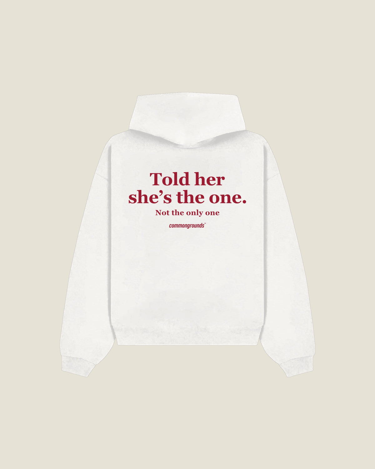Told Her She's The One. Not The Only One Hoodie in white, back print