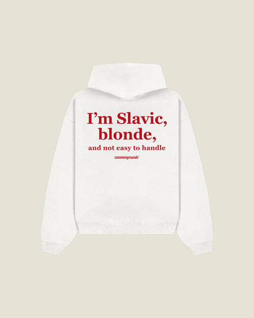 I'm Slavic, Blonde, And Not Easy To Handle Hoodie in white, back print