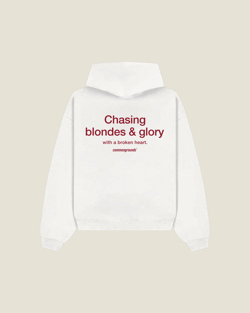 Chasing Blondes & Glory With A Broken Heart Hoodie in white, back print