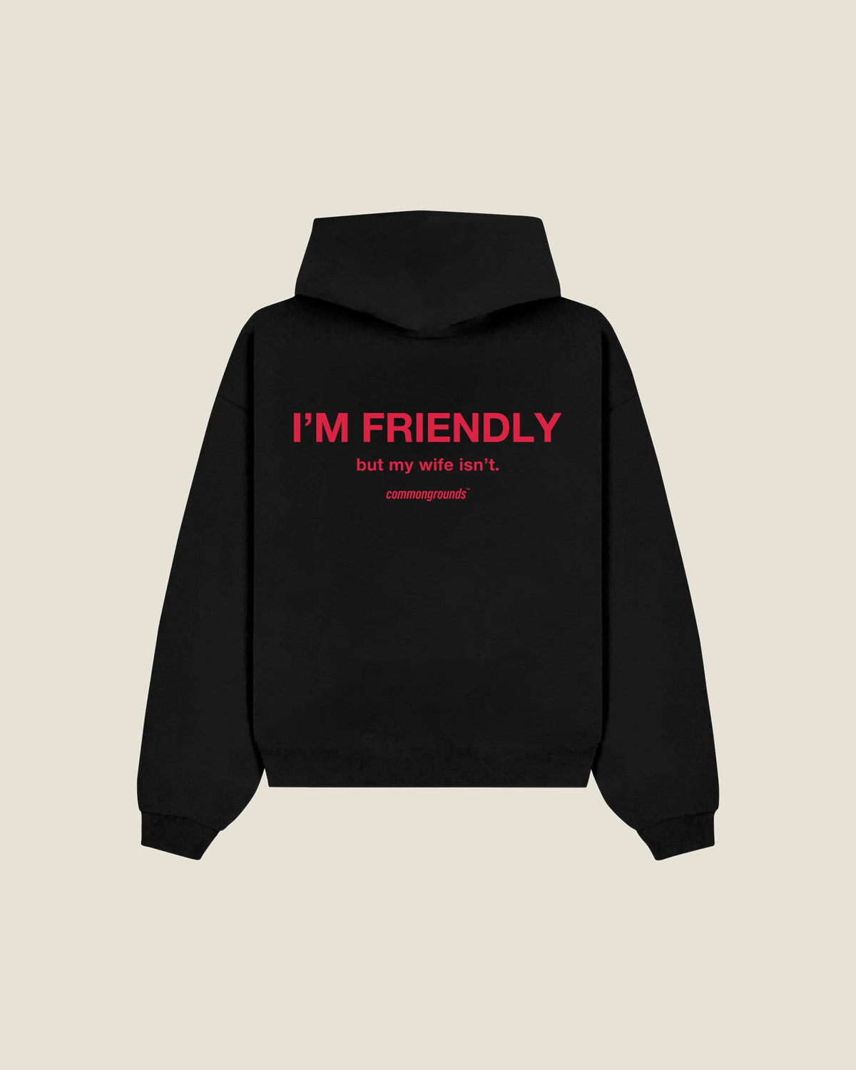 I'M FRIENDLY, BUT MY WIFE ISN'T Hoodie in black, back print