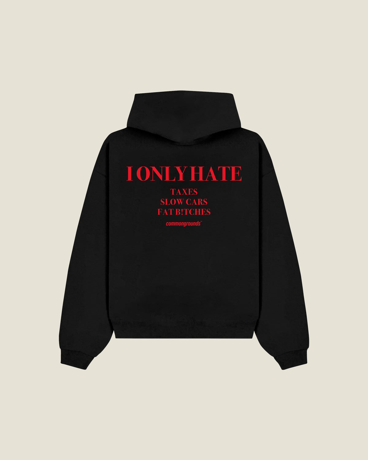 I Only Hate Taxes Slow Cars Fat B!tches Hoodie in black, back print