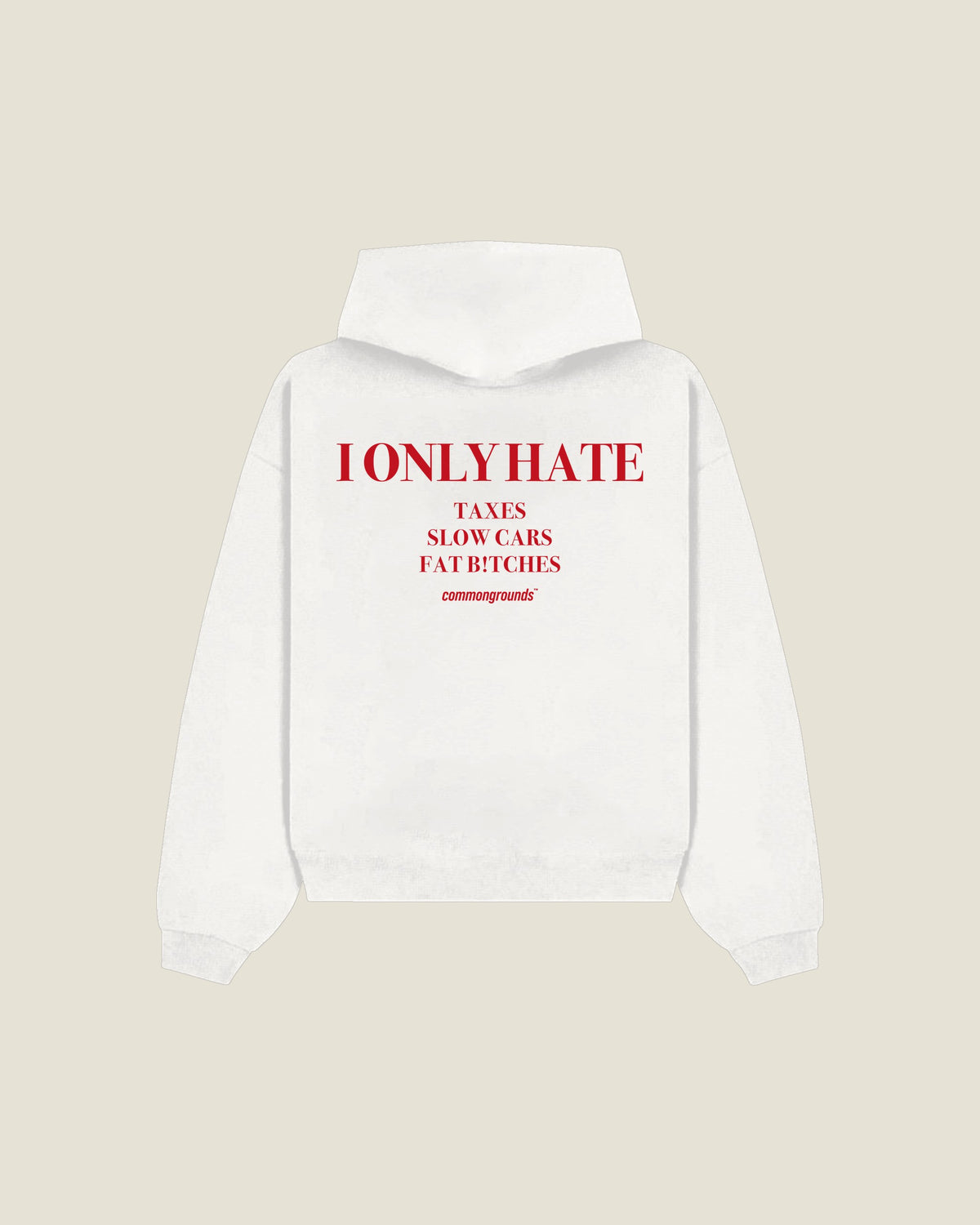I Only Hate Taxes Slow Cars Fat B!tches Hoodie in white, back print
