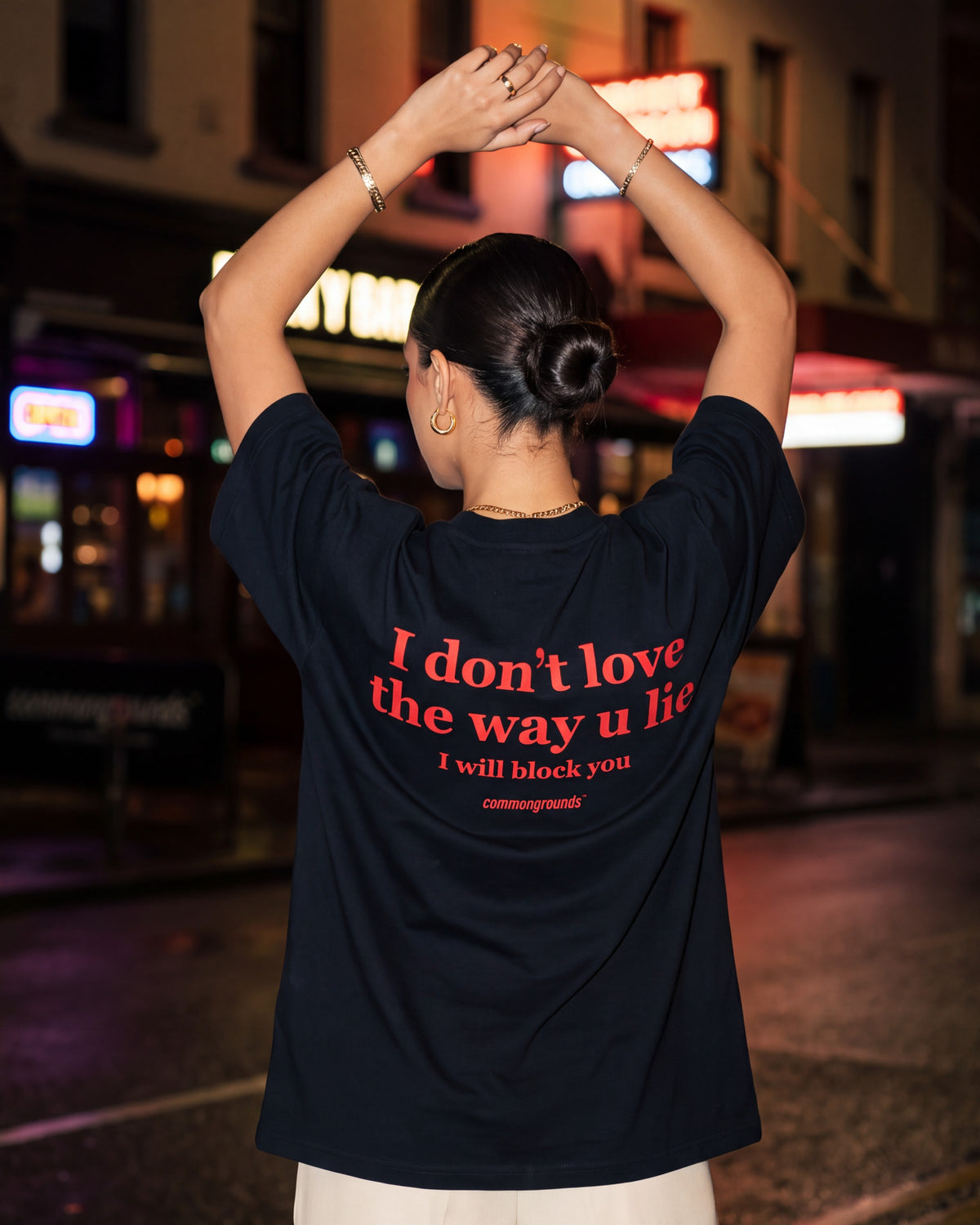 I DON'T LOVE THE WAY U LIE I WILL BLOCK YOU Tee in black, worn