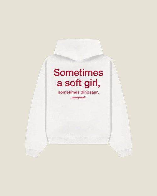 Sometimes A Soft Girl, Sometimes Dinosaur Hoodie in white, back print