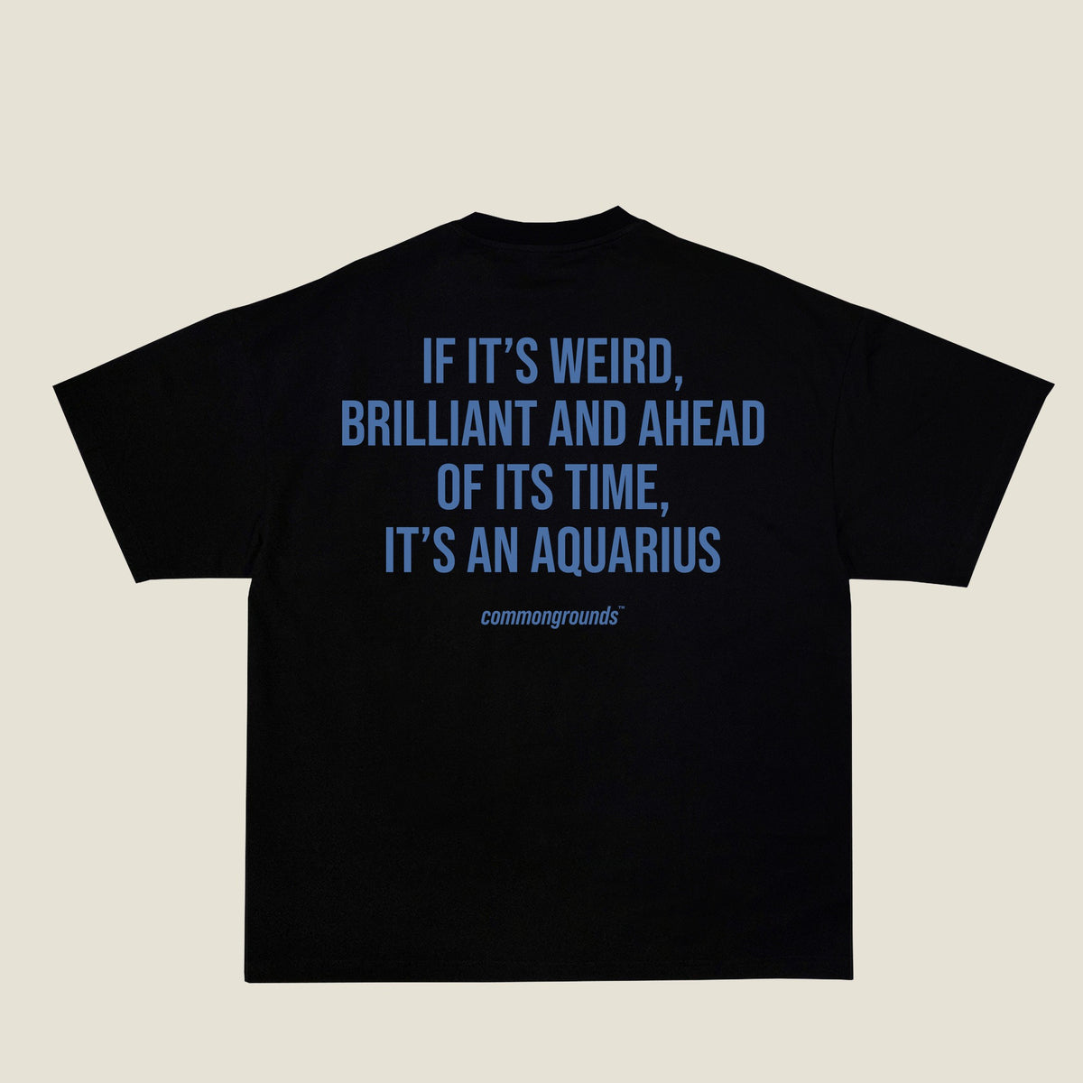 IF IT'S WEIRD, BRILLIANT AND AHEAD OF ITS TIME, IT'S AN AQUARIUS Tee in black, back print