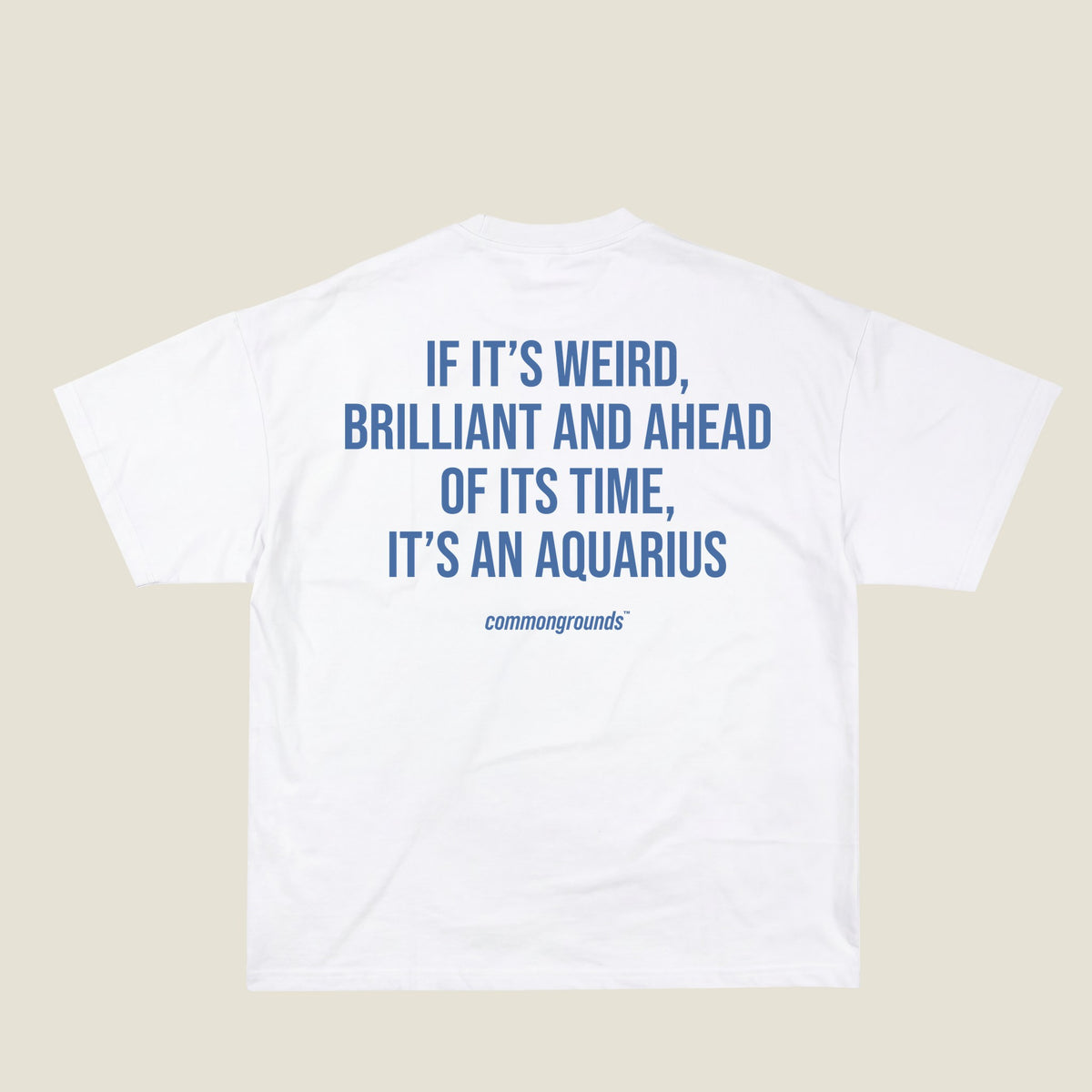 IF IT'S WEIRD, BRILLIANT AND AHEAD OF ITS TIME, IT'S AN AQUARIUS Tee in white, back print