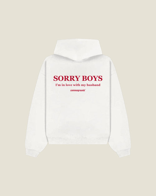 Sorry Boys I'm In Love With My Husband Hoodie in white, back print