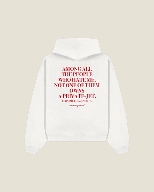 Among All The People Who Hate Me, Not One Of Them Owns A Private-jet. Economy-class Enemies Hoodie in white, back print