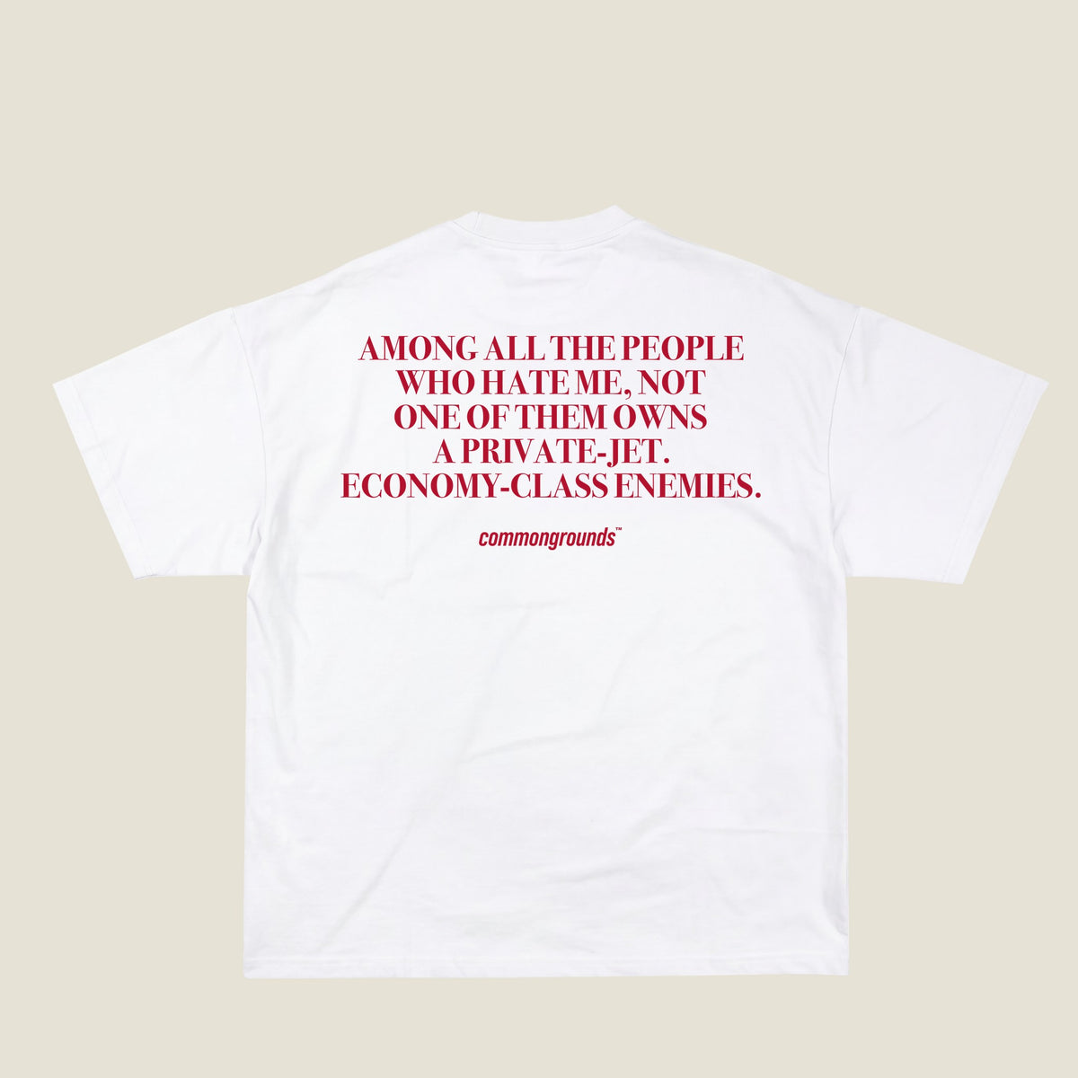 AMONG ALL THE PEOPLE WHO HATE ME, NOT ONE OF THEM OWNS A PRIVATE-JET. ECONOMY-CLASS ENEMIES Tee in white, back print