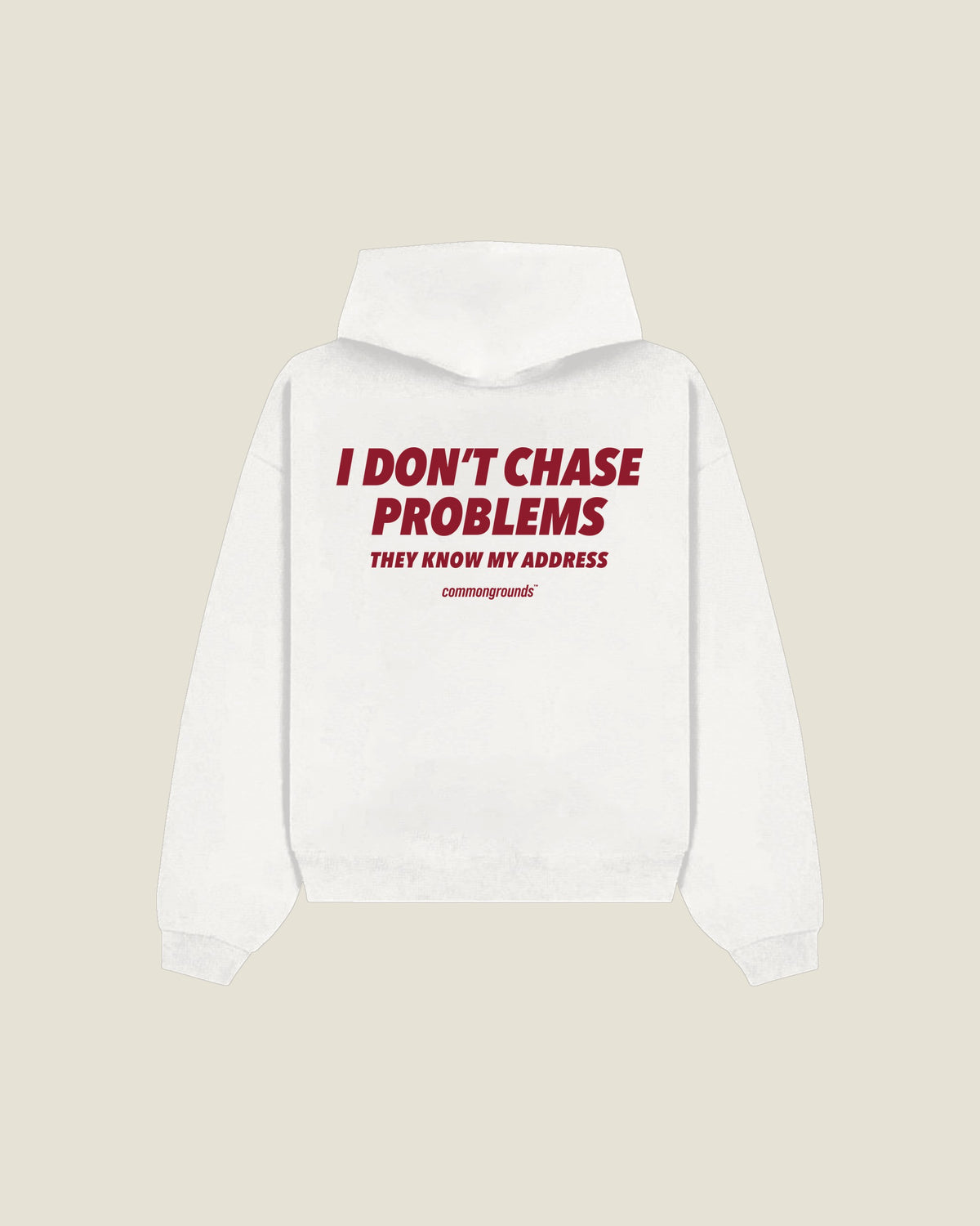I Don't Chase Problems They Know My Address Hoodie in white, back print