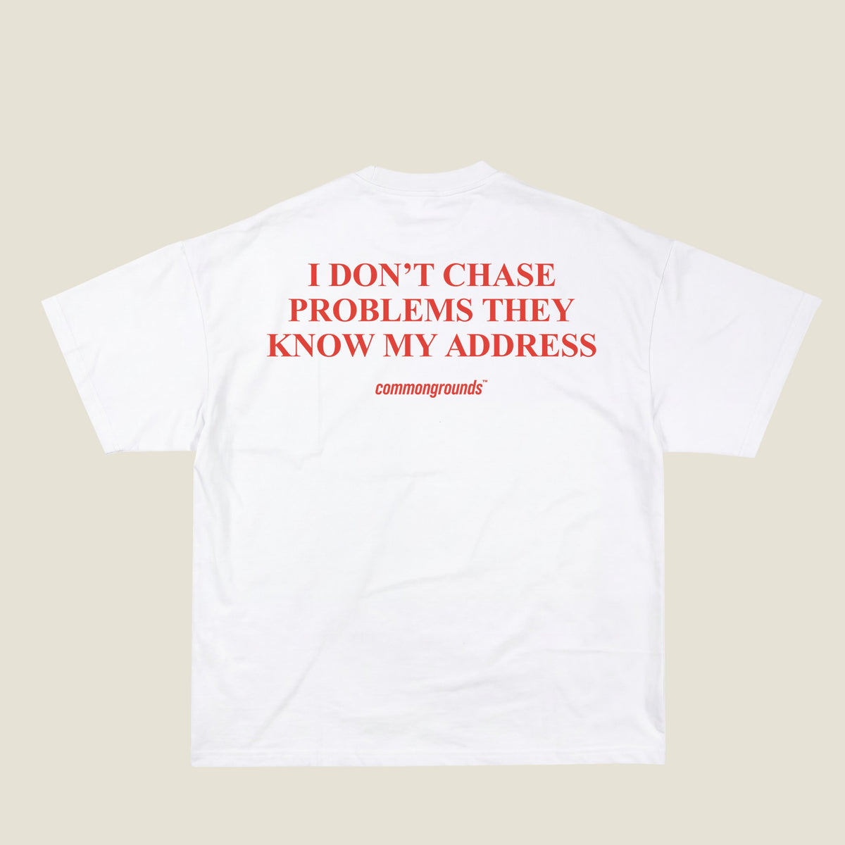 I DON'T CHASE PROBLEMS THEY KNOW MY ADDRESS Tee in white, back print