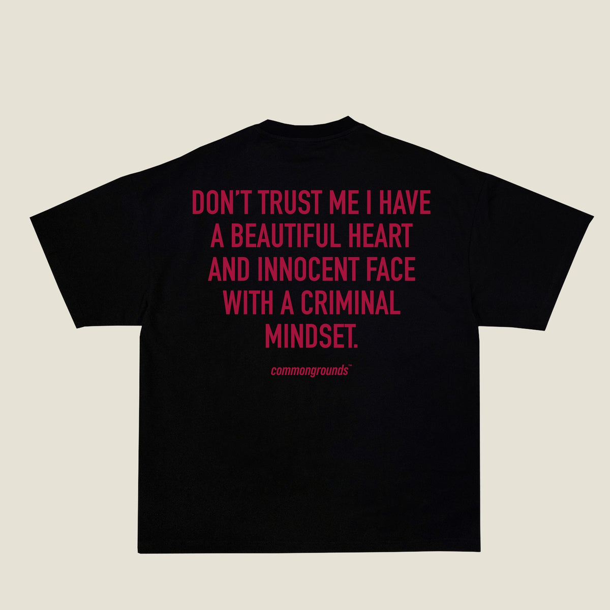 DON'T TRUST ME I HAVE A BEAUTIFUL HEART AND INNOCENT FACE WITH A CRIMINAL MINDSET Tee in black, back print