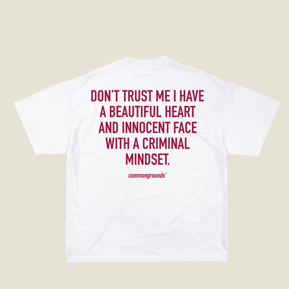 DON'T TRUST ME I HAVE A BEAUTIFUL HEART AND INNOCENT FACE WITH A CRIMINAL MINDSET Tee in white, back print