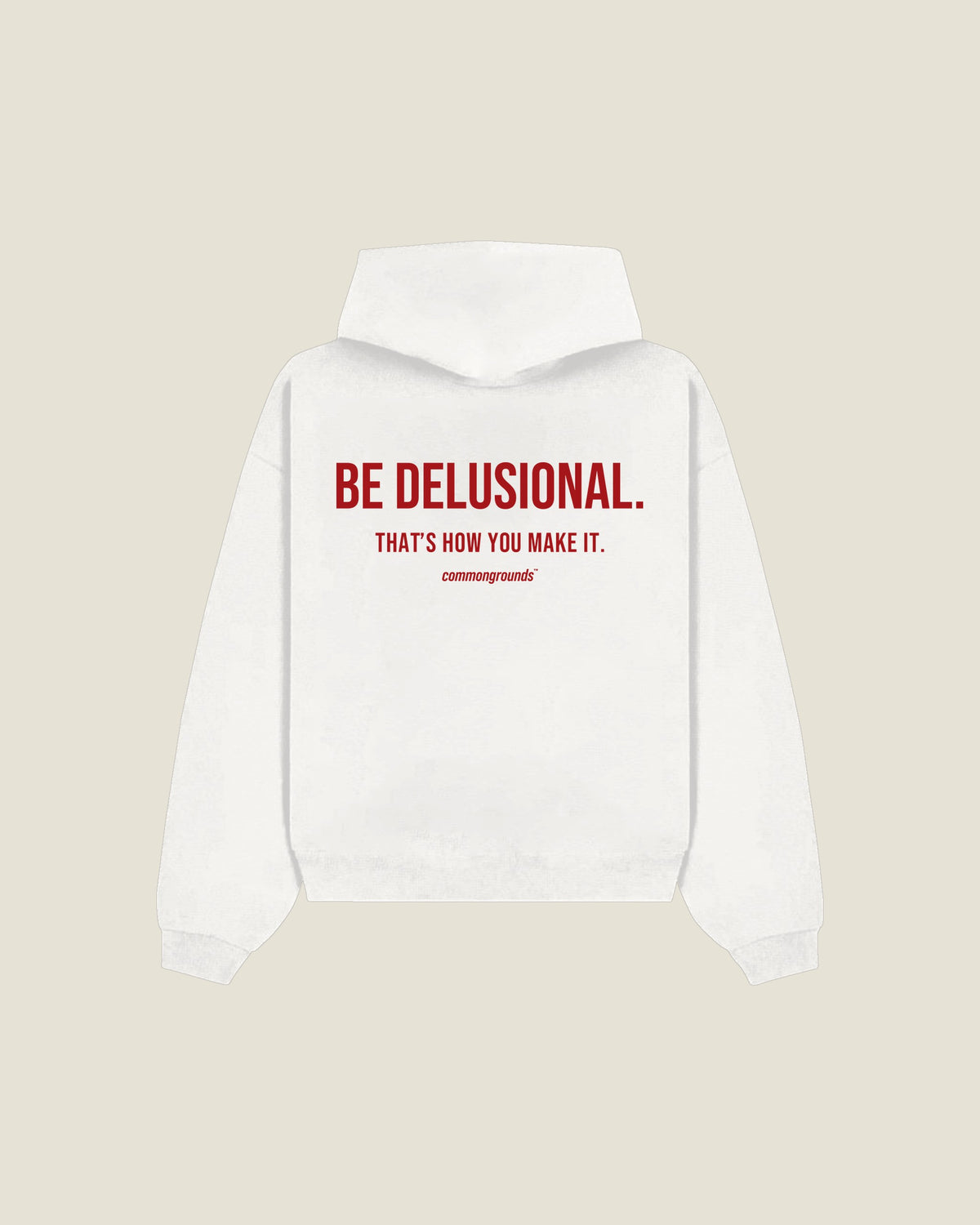 Be Delusional. That's How You Make It Hoodie in white, back print
