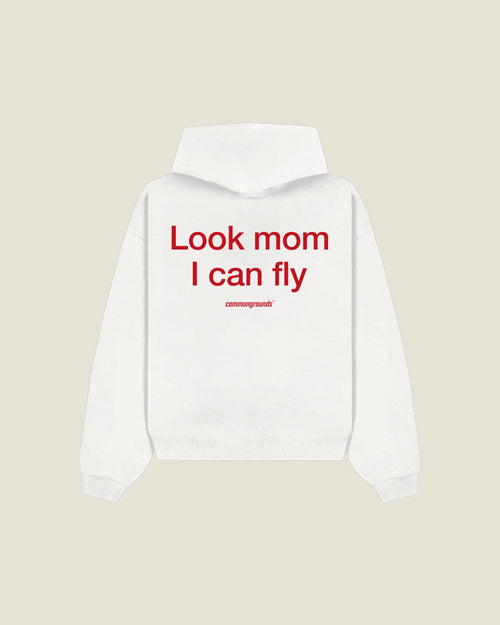 Look Mom I Can Fly Hoodie in white, back print