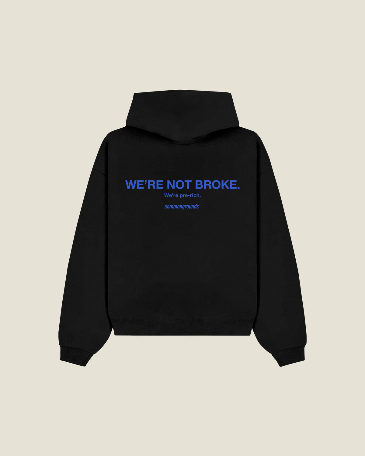 We're Not Broke. We're Pre-rich Hoodie in black, back print