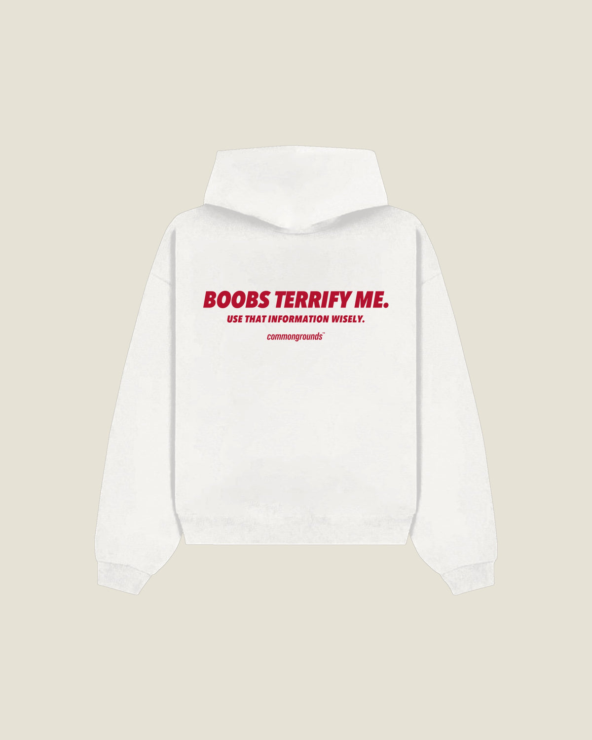 Boobs Terrify Me. Use That Information Wisely Hoodie in white, back print