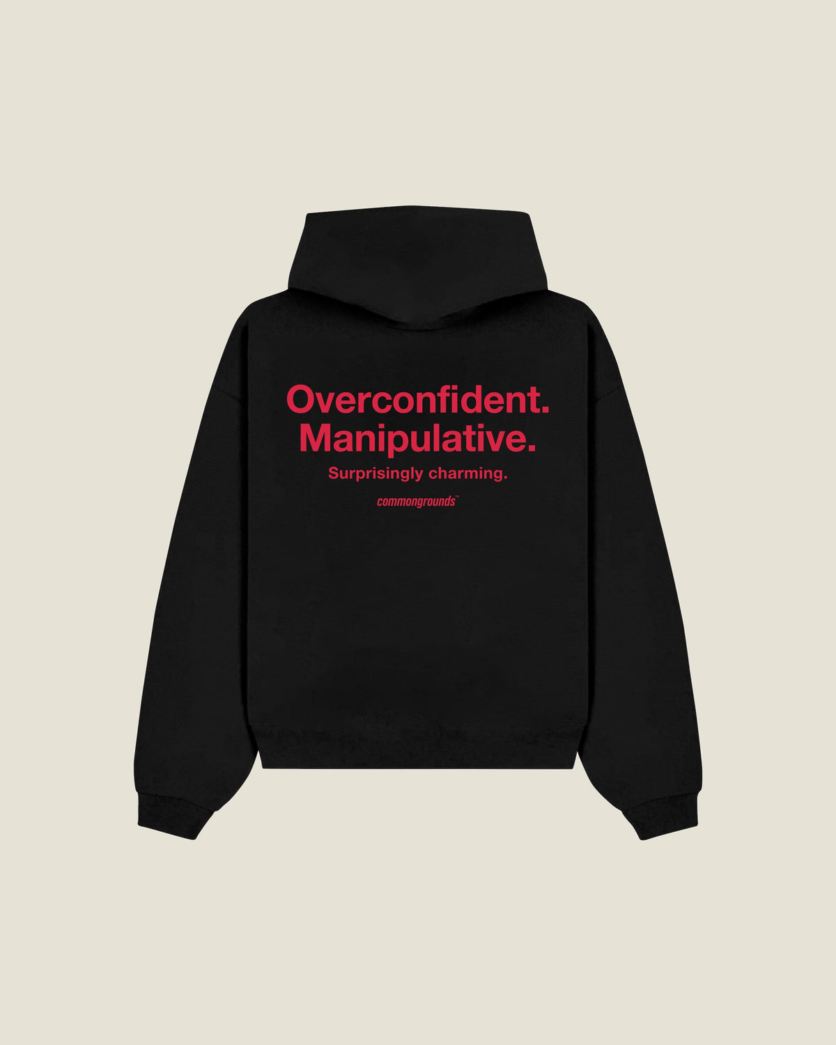 Overconfident. Manipulative. Surprisingly Charming Hoodie in black, back print