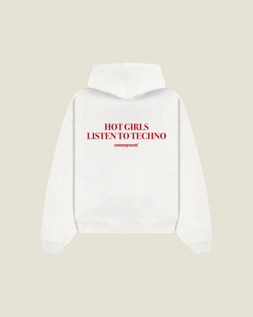 Hot Girls Listen To Techno Hoodie in white, back print