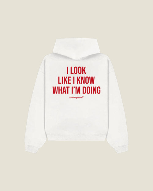 I Look Like I Know What I'm Doing Hoodie in white, back print